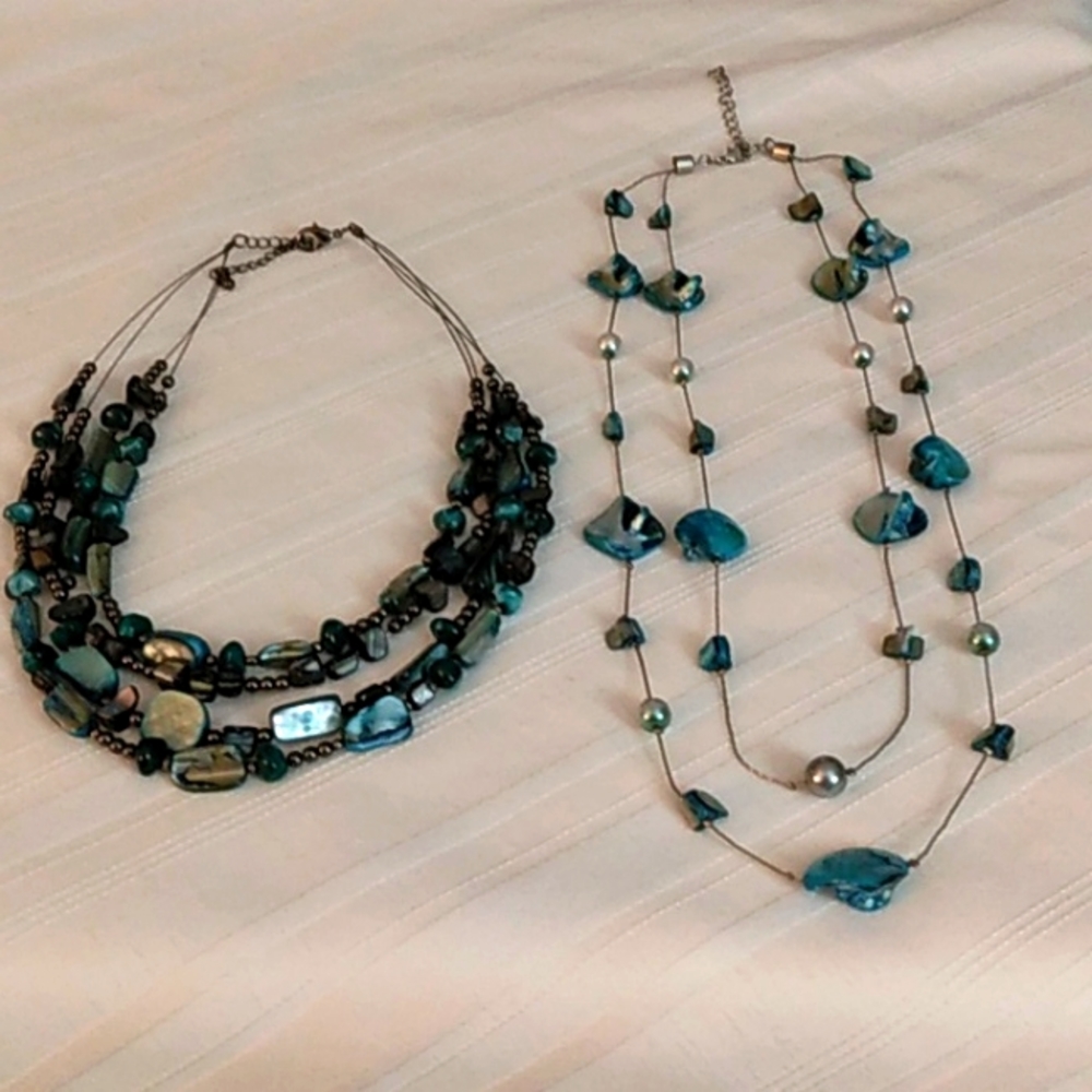 Set of two vintage teal colored necklaces with beads strung on fine wire